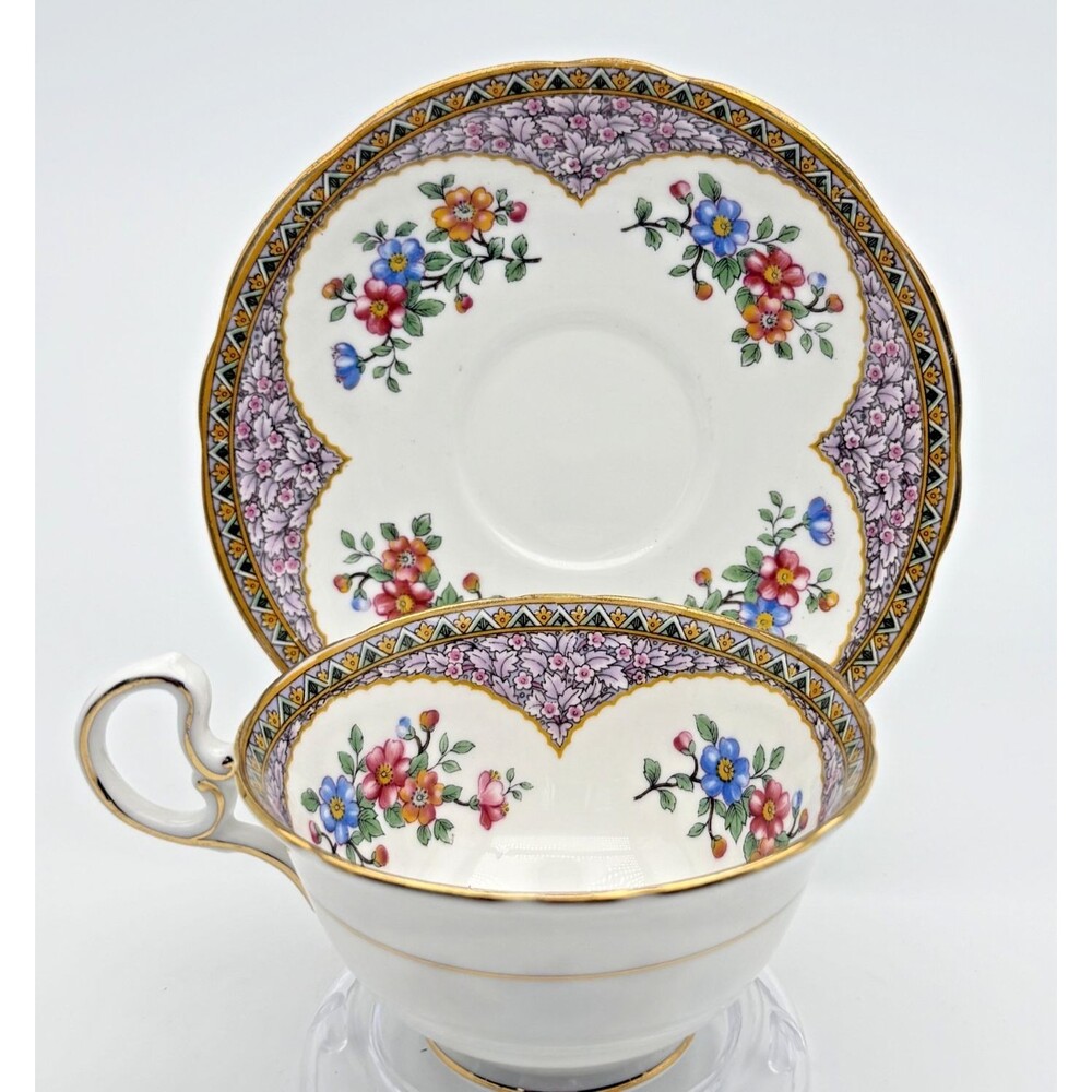 Aynsley England Teacup & Saucer Set Ornate Gold Gilt Lattice Floral Vintage